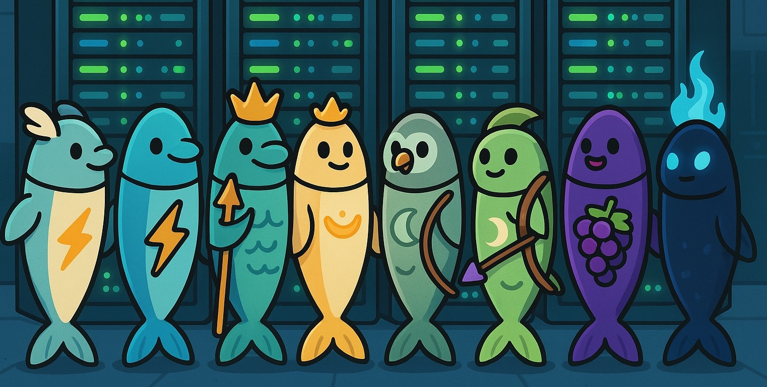 Cartoon illustration of eight anthropomorphic sardine characters representing Greek gods (Hermes, Athena, Zeus, Hera, Poseidon, Artemis, Dionysus, and Hades) standing in front of glowing server racks in a colorful server room